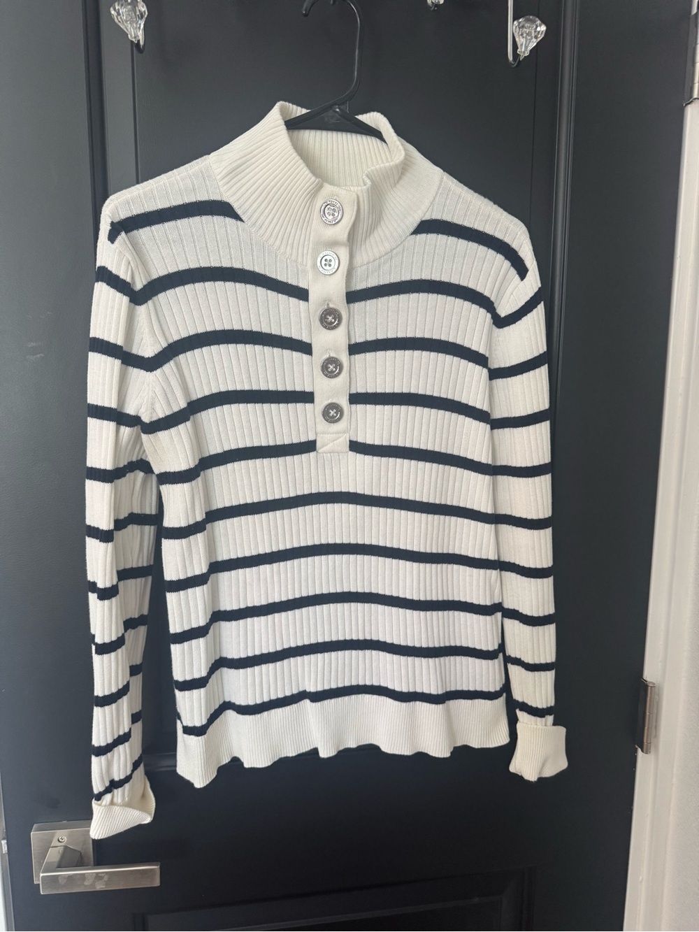 Ralph Lauren White & Navy Striped Ribbed Button Pullover, 100% Cotton